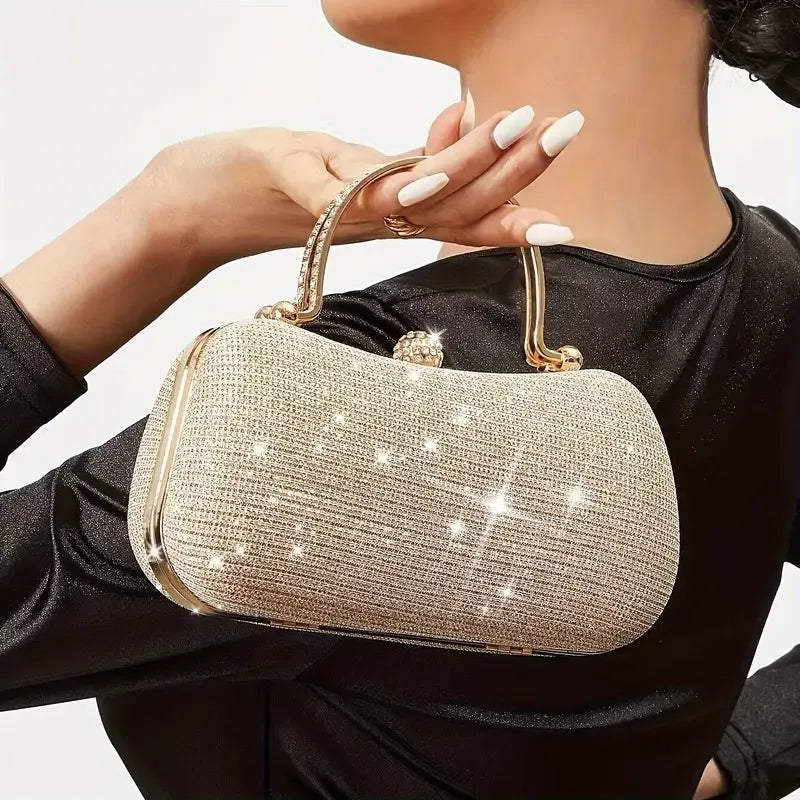 【PU Evening Bag】 Rhinestone-encrusted Gold Handle, Magnetic Snap Closure, Horizontal Oval Clutch, Lightweight & Portable – Top Choice for Weddings & Parties./golden