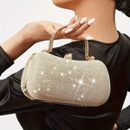 【PU Evening Bag】 Rhinestone-encrusted Gold Handle, Magnetic Snap Closure, Horizontal Oval Clutch, Lightweight & Portable – Top Choice for Weddings & Parties./golden