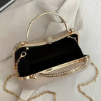 【PU Evening Bag】 Rhinestone-encrusted Gold Handle, Magnetic Snap Closure, Horizontal Oval Clutch, Lightweight & Portable – Top Choice for Weddings & Parties./golden