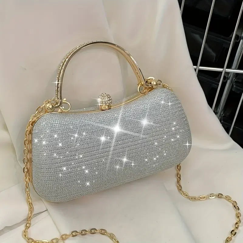 【PU Evening Bag】 Rhinestone-encrusted Gold Handle, Magnetic Snap Closure, Horizontal Oval Clutch, Lightweight & Portable – Top Choice for Weddings & Parties./golden