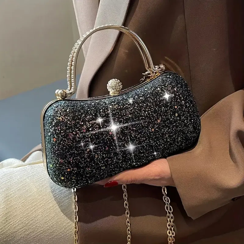 【PU Evening Bag】 Rhinestone-encrusted Gold Handle, Magnetic Snap Closure, Horizontal Oval Clutch, Lightweight & Portable – Top Choice for Weddings & Parties./golden
