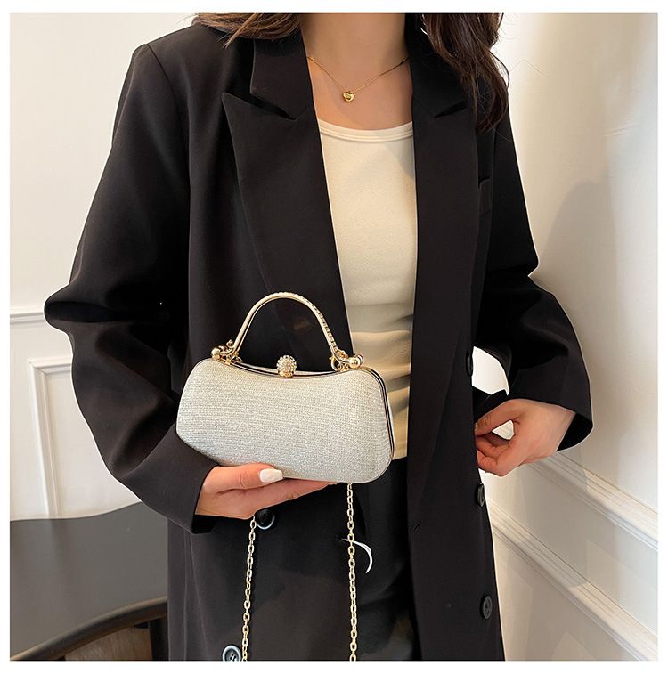 【PU Evening Bag】 Rhinestone-encrusted Gold Handle, Magnetic Snap Closure, Horizontal Oval Clutch, Lightweight & Portable – Top Choice for Weddings & Parties./golden
