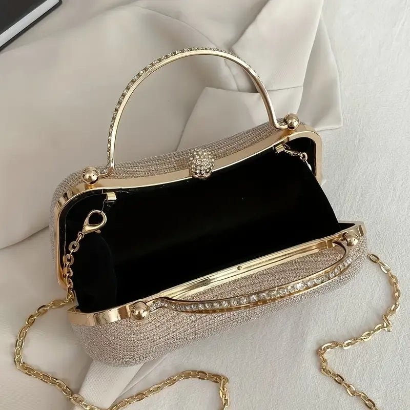 【PU Evening Bag】 Rhinestone-encrusted Gold Handle, Magnetic Snap Closure, Horizontal Oval Clutch, Lightweight & Portable – Top Choice for Weddings & Parties./silver