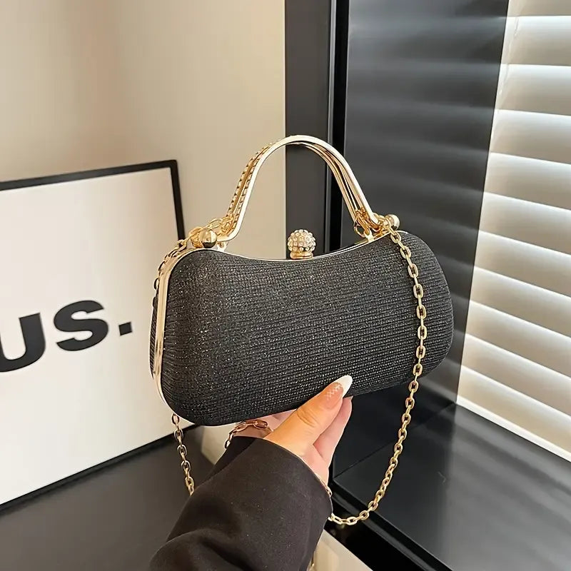 【PU Evening Bag】 Rhinestone-encrusted Gold Handle, Magnetic Snap Closure, Horizontal Oval Clutch, Lightweight & Portable – Top Choice for Weddings & Parties./silver