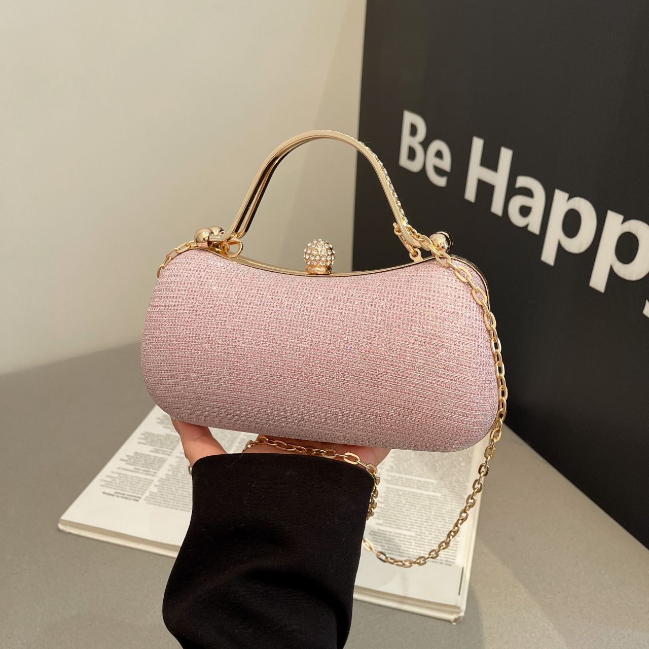【PU Evening Bag】 Rhinestone-encrusted Gold Handle, Magnetic Snap Closure, Horizontal Oval Clutch, Lightweight & Portable – Top Choice for Weddings & Parties./silver