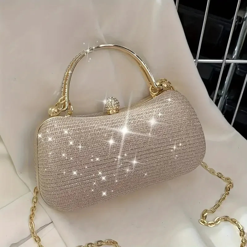 【PU Evening Bag】 Rhinestone-encrusted Gold Handle, Magnetic Snap Closure, Horizontal Oval Clutch, Lightweight & Portable – Top Choice for Weddings & Parties./silver
