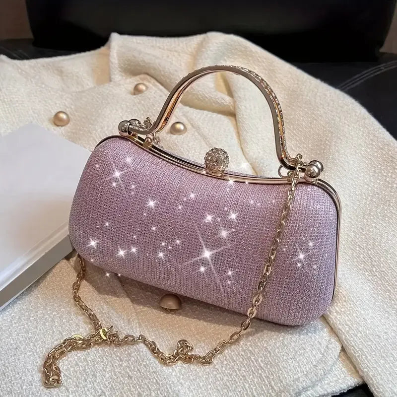 【PU Evening Bag】 Rhinestone-encrusted Gold Handle, Magnetic Snap Closure, Horizontal Oval Clutch, Lightweight & Portable – Top Choice for Weddings & Parties./silver