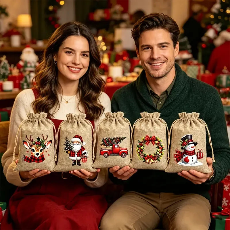 Christmas Jute Drawstring Gift Bags, Pack of 12, 5 Random Themes, Perfect for Gifts and Decorations