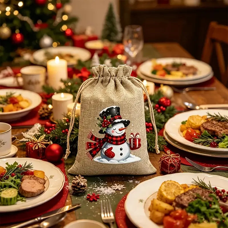 Christmas Jute Drawstring Gift Bags, Pack of 12, 5 Random Themes, Perfect for Gifts and Decorations