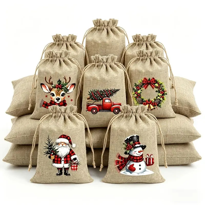 Christmas Jute Drawstring Gift Bags, Pack of 12, 5 Random Themes, Perfect for Gifts and Decorations