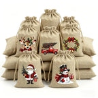 Christmas Jute Drawstring Gift Bags, Pack of 12, 5 Random Themes, Perfect for Gifts and Decorations