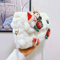Christmas Plush Cartoon Handbag Crossbody Bag, 3D Appliqués Pearl Chain, Sweet Practical Holiday Essential/ivory