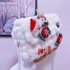 Christmas Plush Cartoon Handbag Crossbody Bag, 3D Appliqués Pearl Chain, Sweet Practical Holiday Essential/ivory