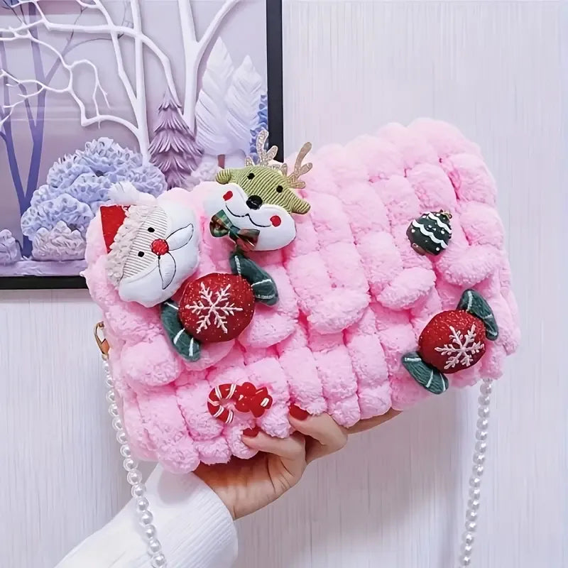 Christmas Plush Cartoon Handbag Crossbody Bag, 3D Appliqués Pearl Chain, Sweet Practical Holiday Essential/ivory