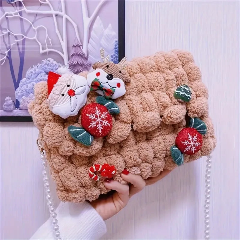 Christmas Plush Cartoon Handbag Crossbody Bag, 3D Appliqués Pearl Chain, Sweet Practical Holiday Essential/ivory