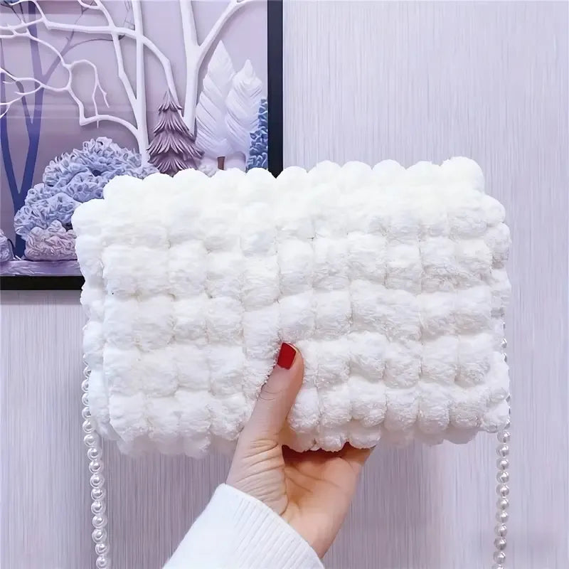 Christmas Plush Cartoon Handbag Crossbody Bag, 3D Appliqués Pearl Chain, Sweet Practical Holiday Essential./PINK