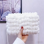 Christmas Plush Cartoon Handbag Crossbody Bag, 3D Appliqués Pearl Chain, Sweet Practical Holiday Essential./PINK