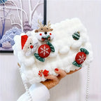 Christmas Plush Cartoon Handbag Crossbody Bag, 3D Appliqués Pearl Chain, Sweet Practical Holiday Essential./BLUE