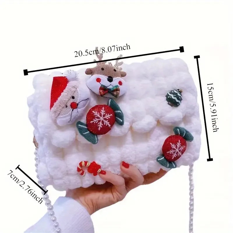 Christmas Plush Cartoon Handbag Crossbody Bag, 3D Appliqués Pearl Chain, Sweet Practical Holiday Essential./BLUE