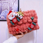 Christmas Plush Cartoon Handbag Crossbody Bag, 3D Appliqués Pearl Chain, Sweet Practical Holiday Essential./BLUE