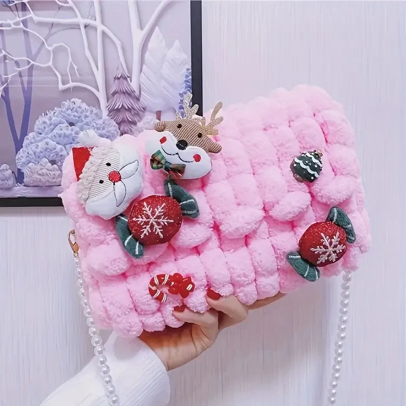 Christmas Plush Cartoon Handbag Crossbody Bag, 3D Appliqués Pearl Chain, Sweet Practical Holiday Essential./BLUE