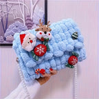 Christmas Plush Cartoon Handbag Crossbody Bag, 3D Appliqués Pearl Chain, Sweet Practical Holiday Essential./khaki