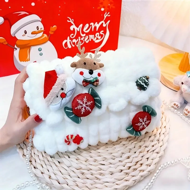 Christmas Plush Cartoon Handbag Crossbody Bag, 3D Appliqués Pearl Chain, Sweet Practical Holiday Essential./khaki