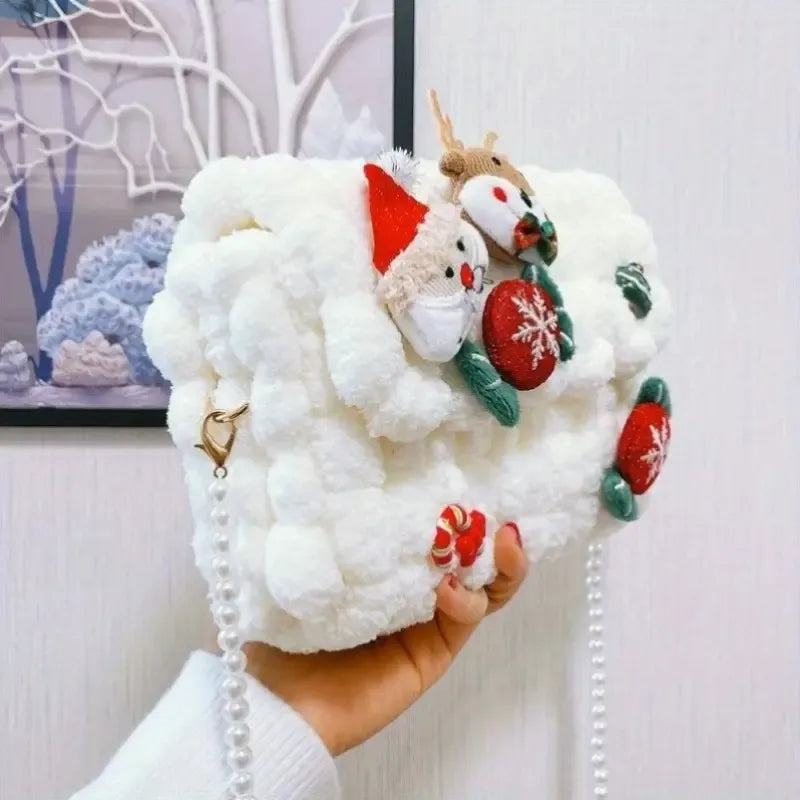 Christmas Plush Cartoon Handbag Crossbody Bag, 3D Appliqués Pearl Chain, Sweet Practical Holiday Essential./khaki