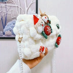 Christmas Plush Cartoon Handbag Crossbody Bag, 3D Appliqués Pearl Chain, Sweet Practical Holiday Essential./khaki