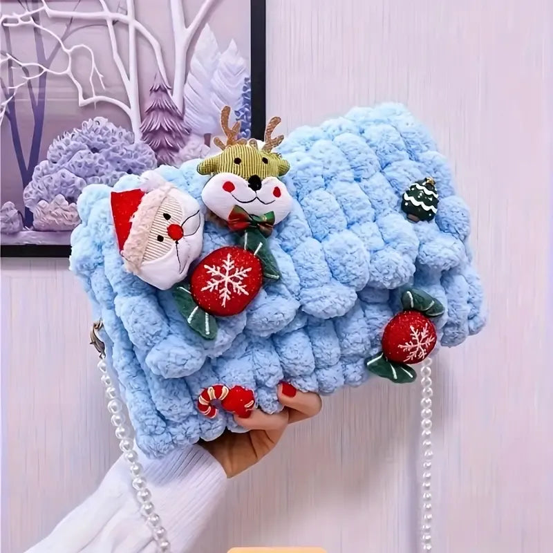Christmas Plush Cartoon Handbag Crossbody Bag, 3D Appliqués Pearl Chain, Sweet Practical Holiday Essential./khaki