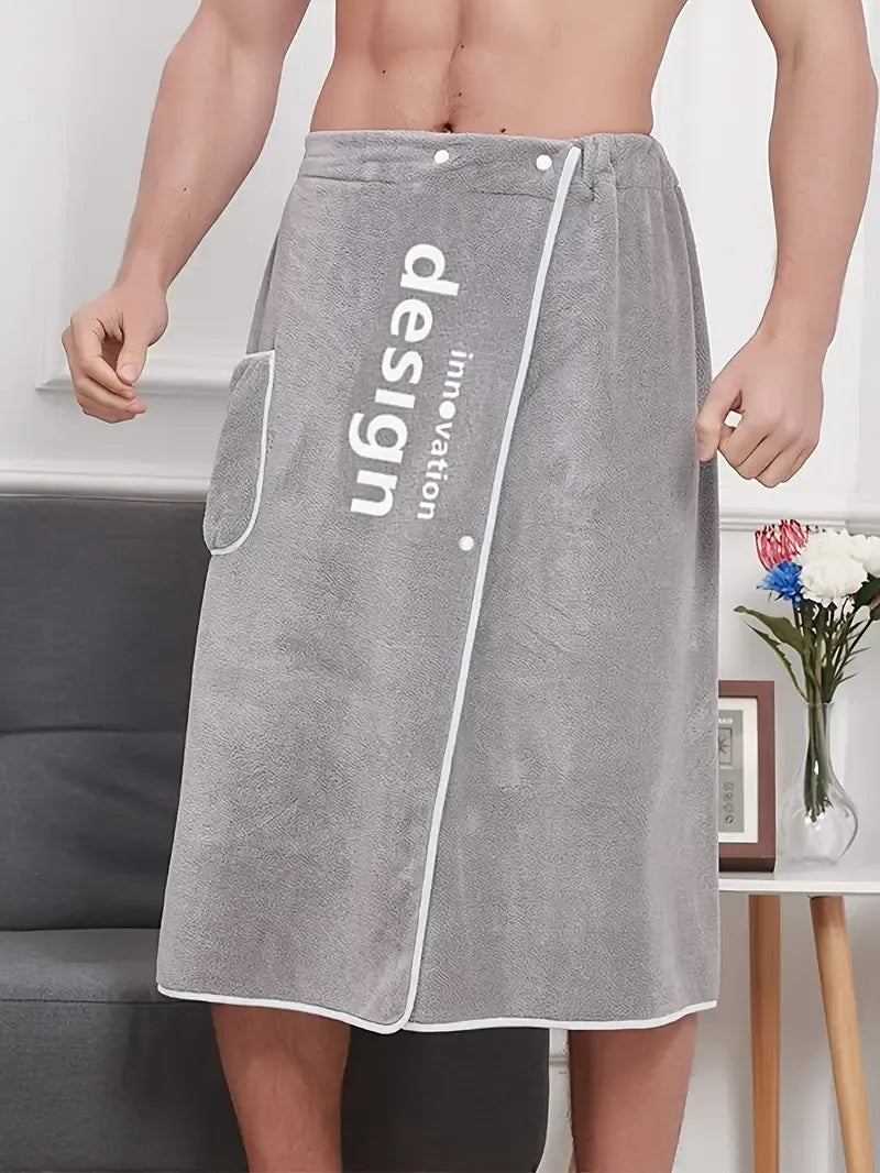 Men's Coral Fleece Wearable Bath Skirt, Embroidered Design Soft & Quick-Dry, Snap Button & Drawstring Anti-Slip, Essential for Home Bathing & Relaxation