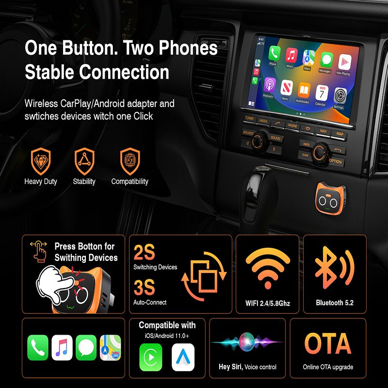 Mini Wireless Car Connectivity Adapter – Transform Your Wired System into Cable-Free Freedom with a 6-Second Stable Connection/ORANGE