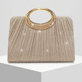 【Pleated Sparkle Evening Bag】 Metal Ring Handle, Magnetic Snap Closure, Horizontal Square Polyester Clutch, Essential Elegant Accessory for Weddings & Parties./champagne