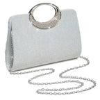 【Pleated Sparkle Evening Bag】 Metal Ring Handle, Magnetic Snap Closure, Horizontal Square Polyester Clutch, Essential Elegant Accessory for Weddings & Parties./champagne