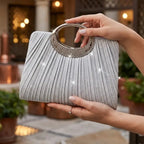 【Pleated Sparkle Evening Bag】 Metal Ring Handle, Magnetic Snap Closure, Horizontal Square Polyester Clutch, Essential Elegant Accessory for Weddings & Parties./champagne