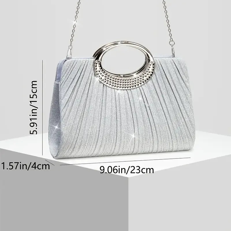 【Pleated Sparkle Evening Bag】 Metal Ring Handle, Magnetic Snap Closure, Horizontal Square Polyester Clutch, Essential Elegant Accessory for Weddings & Parties./champagne