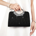 【Pleated Sparkle Evening Bag】 Metal Ring Handle, Magnetic Snap Closure, Horizontal Square Polyester Clutch, Essential Elegant Accessory for Weddings & Parties./champagne