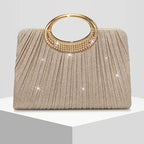 【Pleated Sparkle Evening Bag】 Metal Ring Handle, Magnetic Snap Closure, Horizontal Square Polyester Clutch, Essential Elegant Accessory for Weddings & Parties./champagne