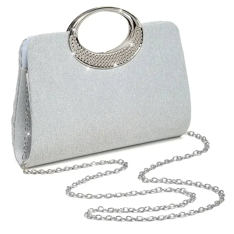 【Pleated Sparkle Evening Bag】 Metal Ring Handle, Magnetic Snap Closure, Horizontal Square Polyester Clutch, Essential Elegant Accessory for Weddings & Parties./silver