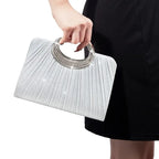 【Pleated Sparkle Evening Bag】 Metal Ring Handle, Magnetic Snap Closure, Horizontal Square Polyester Clutch, Essential Elegant Accessory for Weddings & Parties./silver