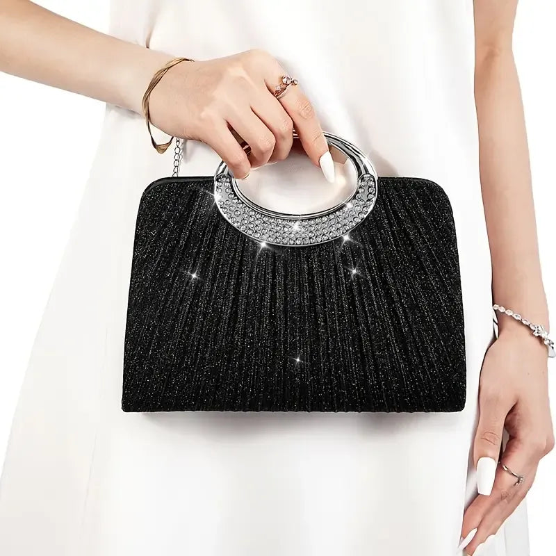【Pleated Sparkle Evening Bag】 Metal Ring Handle, Magnetic Snap Closure, Horizontal Square Polyester Clutch, Essential Elegant Accessory for Weddings & Parties./silver
