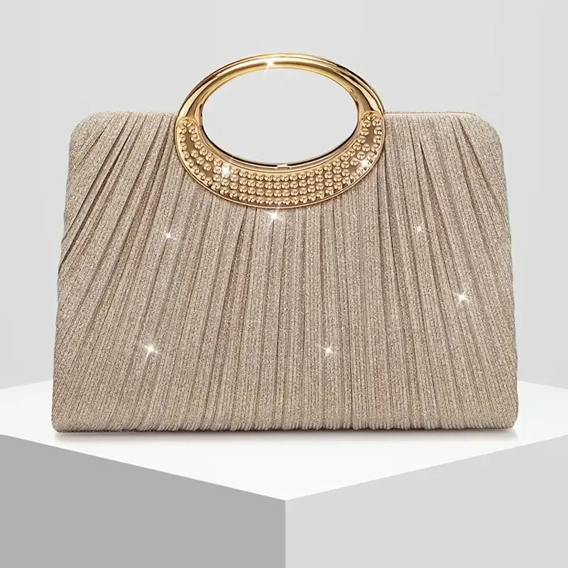 【Pleated Sparkle Evening Bag】 Metal Ring Handle, Magnetic Snap Closure, Horizontal Square Polyester Clutch, Essential Elegant Accessory for Weddings & Parties./silver