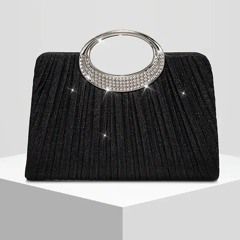 【Pleated Sparkle Evening Bag】 Metal Ring Handle, Magnetic Snap Closure, Horizontal Square Polyester Clutch, Essential Elegant Accessory for Weddings & Parties./silver