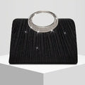 【Pleated Sparkle Evening Bag】 Metal Ring Handle, Magnetic Snap Closure, Horizontal Square Polyester Clutch, Essential Elegant Accessory for Weddings & Parties./BLACK