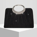 【Pleated Sparkle Evening Bag】 Metal Ring Handle, Magnetic Snap Closure, Horizontal Square Polyester Clutch, Essential Elegant Accessory for Weddings & Parties./BLACK