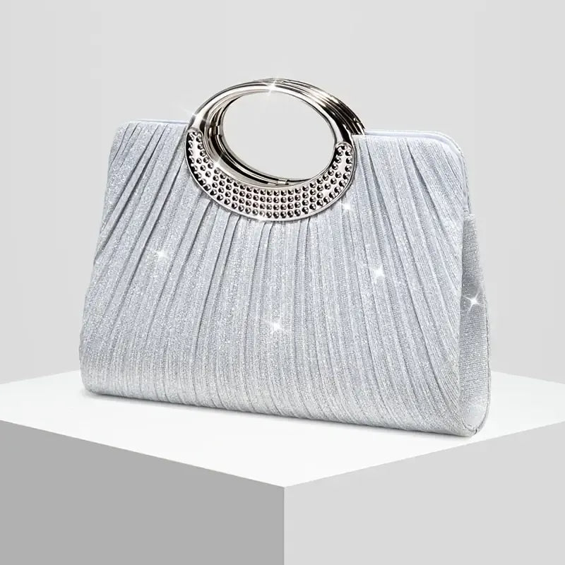 【Pleated Sparkle Evening Bag】 Metal Ring Handle, Magnetic Snap Closure, Horizontal Square Polyester Clutch, Essential Elegant Accessory for Weddings & Parties./BLACK