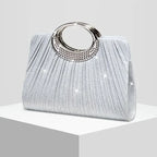 【Pleated Sparkle Evening Bag】 Metal Ring Handle, Magnetic Snap Closure, Horizontal Square Polyester Clutch, Essential Elegant Accessory for Weddings & Parties./BLACK