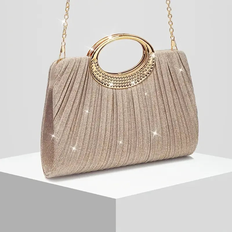 【Pleated Sparkle Evening Bag】 Metal Ring Handle, Magnetic Snap Closure, Horizontal Square Polyester Clutch, Essential Elegant Accessory for Weddings & Parties./BLACK