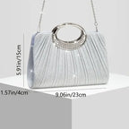 【Pleated Sparkle Evening Bag】 Metal Ring Handle, Magnetic Snap Closure, Horizontal Square Polyester Clutch, Essential Elegant Accessory for Weddings & Parties./BLACK