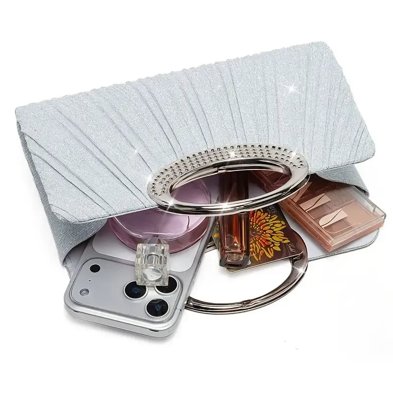 【Pleated Sparkle Evening Bag】 Metal Ring Handle, Magnetic Snap Closure, Horizontal Square Polyester Clutch, Essential Elegant Accessory for Weddings & Parties./BLACK